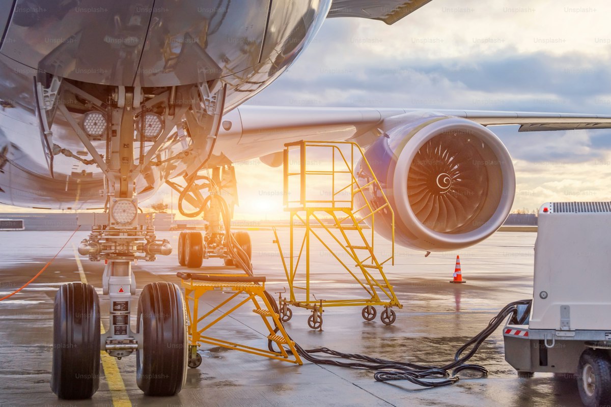 Pesawat di apron saat golden hour